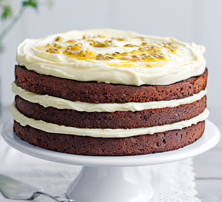 Chocolate layer cake with passion fruit icing