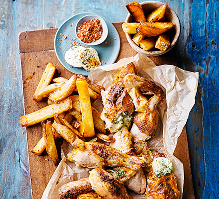 Quick roast chicken & homemade oven chips with Kiev butter