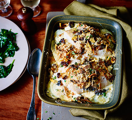 Smoked haddock & wild mushroom traybake