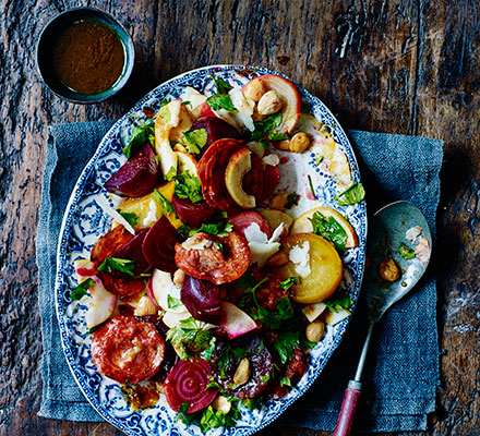 Warm beet, chorizo & pear salad