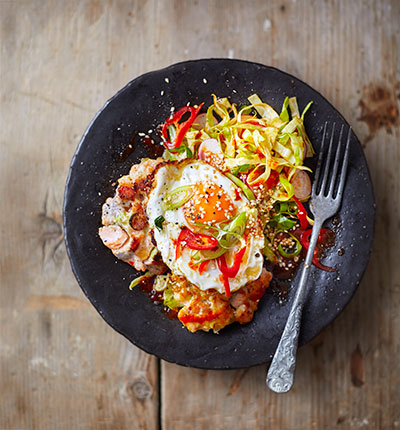Korean fishcakes with fried eggs & spicy salsa