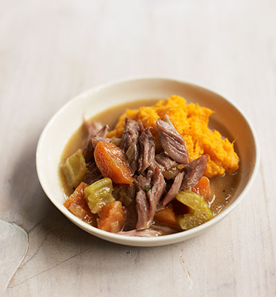 Weaning recipe: Slow-cooked lamb & veg with sweet potato & carrot mash