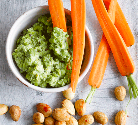 Crushed pea & mint dip with carrot sticks