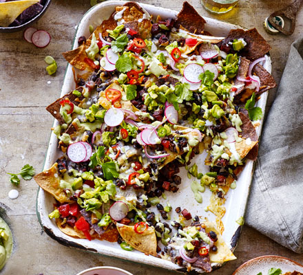 Movie night nachos with chorizo & creamy guacamole