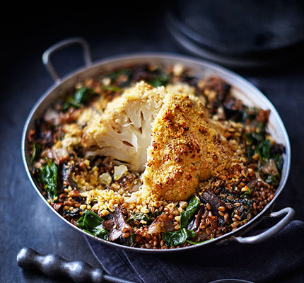Whole roasted cauliflower with red wine, shallots & wheatberries