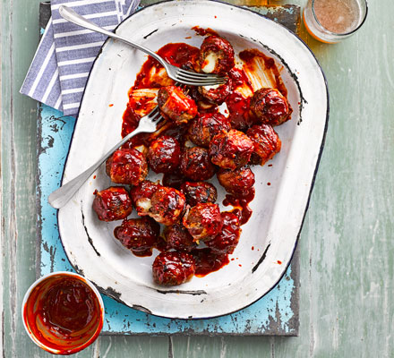 Bacon-wrapped, cheese-stuffed, smoky barbecue meatballs