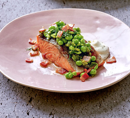 Grilled sea trout with raw pea salsa
