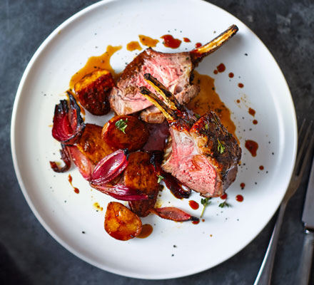 One-pan glazed rack of lamb with spiced red onions & potatoes