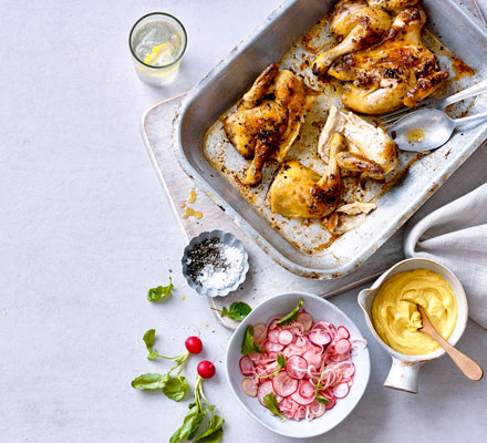 Roast poussin with pickled radishes