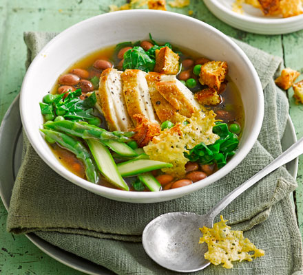 Spring vegetable broth with shredded chicken