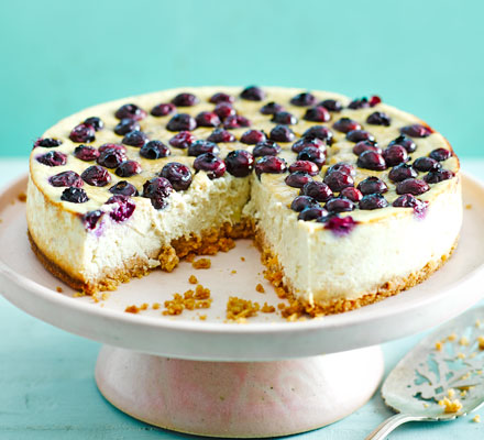 Baked almond, banana & blueberry cheesecake