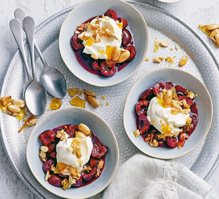 Cherry soup with whipped mascarpone & caramelised almonds