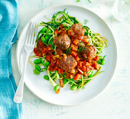 Meatballs with fennel & balsamic beans & courgette noodles