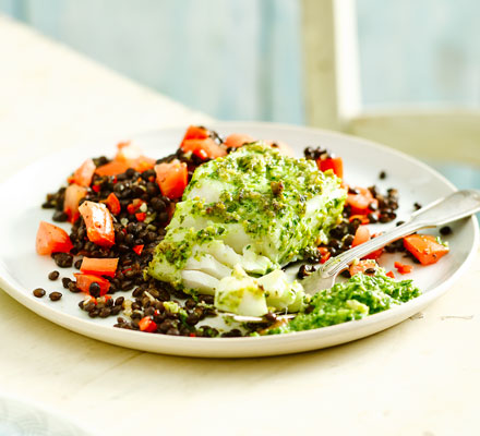 Pesto-crusted cod with Puy lentils