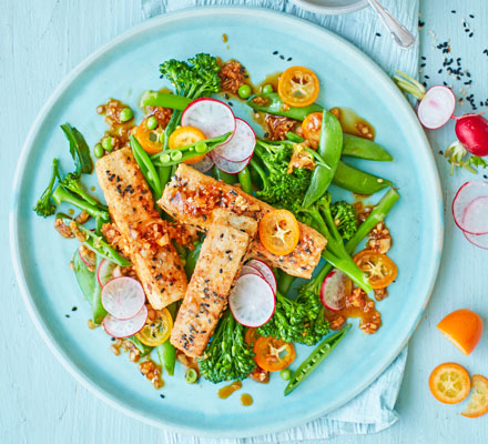 Spice-crusted tofu with kumquat radish salad