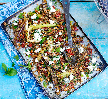 Charred baby aubergine & toasted quinoa salad