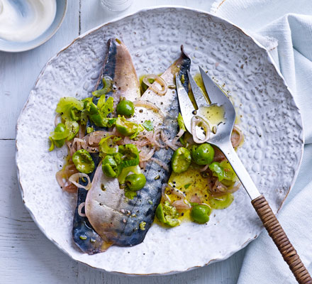 Marinated mackerel with green olive & celery dressing
