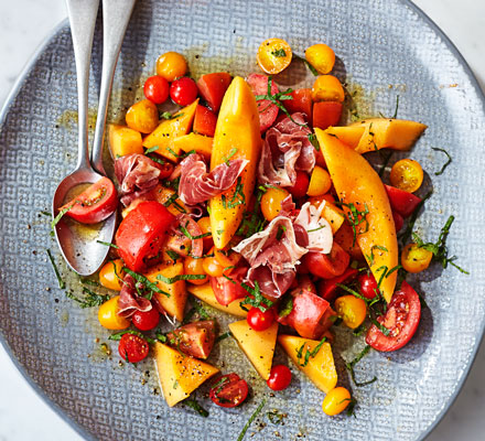 Minted melon, tomato & prosciutto salad