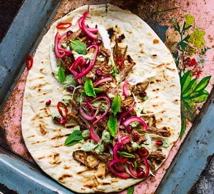 Pulled goat kebabs with coriander dressing