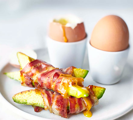Soft-boiled eggs with pancetta avocado soldiers
