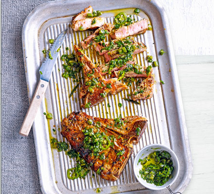 Veal chops with spinach & green pepper salsa