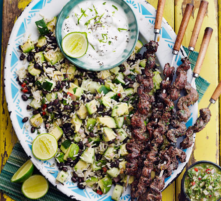 Beef skewers with chimichurri rice salad