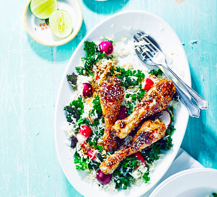 Sticky chicken drumsticks & sesame rice salad