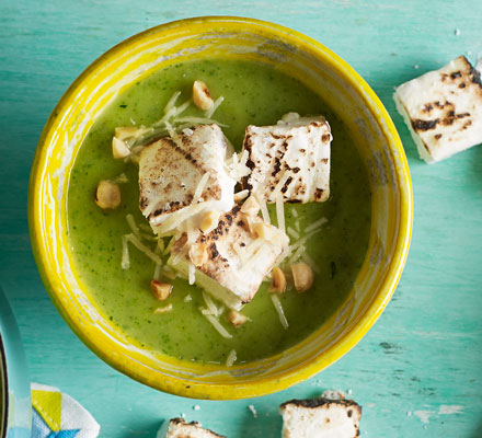 Courgette soup with parmesan and burnt chilli marshmallow