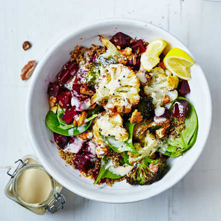 Roasted cauli-broc bowl with tahini hummus