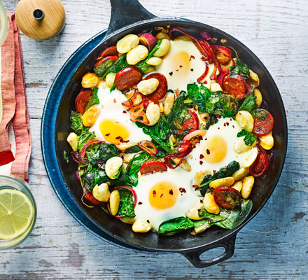 Butter bean, chorizo & spinach baked eggs