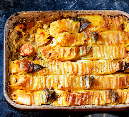 Domino potato, cod, prawn & chorizo pie