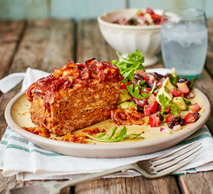 Sticky baked meatloaf with avocado & black bean salsa