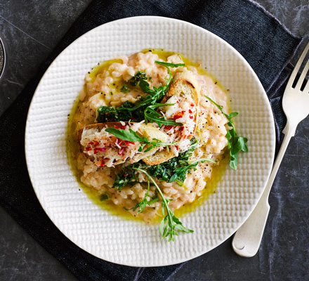 Microwave crab risotto with chilli crab toasts