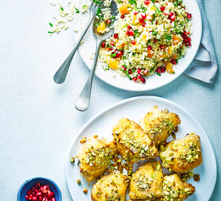 Sticky pistachio chicken with jewelled bulgur salad