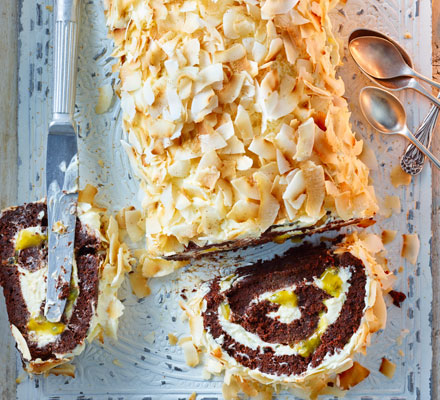 Passion fruit, chocolate & coconut roulade