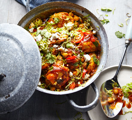 Chicken tagine with spiced Brussels sprouts & feta