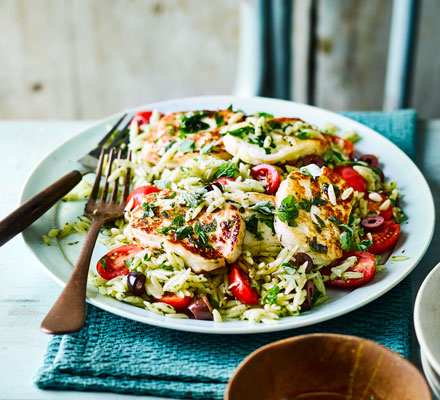 Oregano halloumi with orzo salad