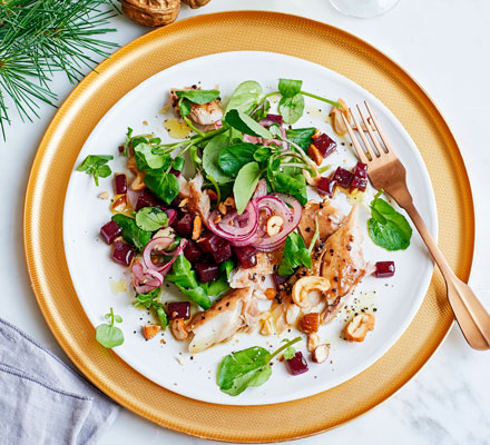 Peppered mackerel & pink pickled onion salad