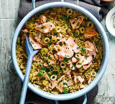 Quick salmon, preserved lemon & olive pilaf