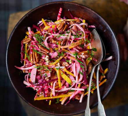 Rainbow beet slaw with pecans & maple dressing