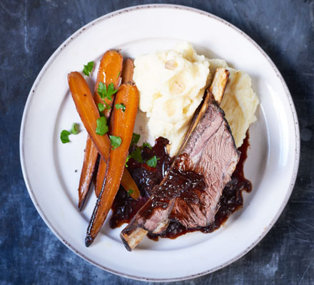 Twice-cooked beef short ribs with dripping carrots & gravy