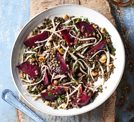 Beetroot, lentil, celeriac & hazelnut salad