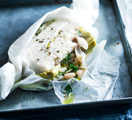 Haddock with cannellini beans & artichokes