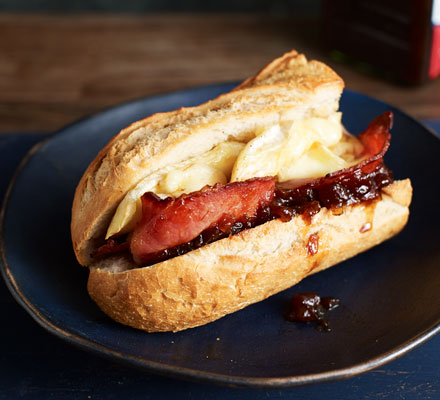 Bacon, brie and red onion baguettes