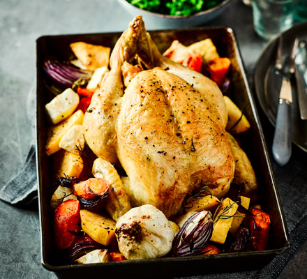 Roast chicken with lemon & rosemary roots