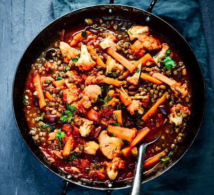 Cauliflower, olive & lentil tagine