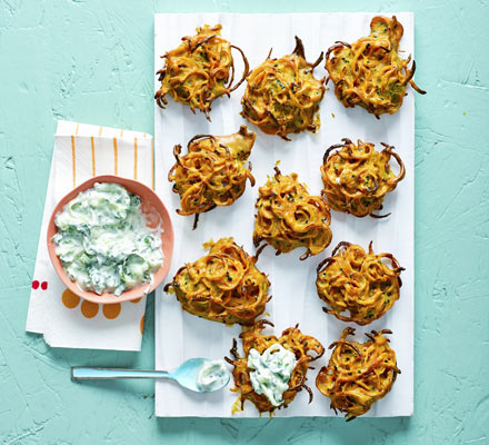 Baked carrot & nigella seed bhajis with raita