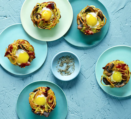 Ham & mushroom potato nests with fried quail’s eggs