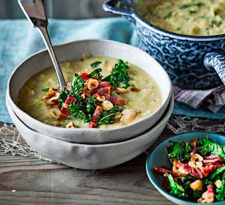 Leek & butter bean soup with crispy kale & bacon