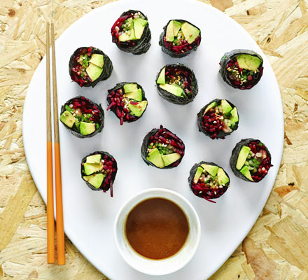 Beetroot & avocado nori rolls with wasabi dipping sauce